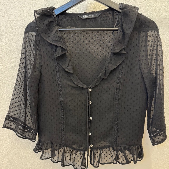 Zara Sheer Black Ruffle Blouse - Picture 1 of 5